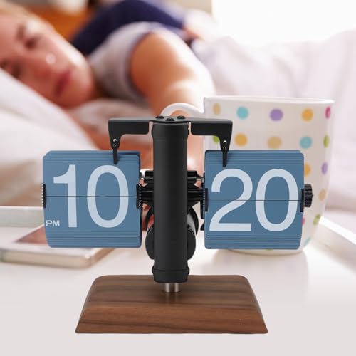 Reloj digital retro abatible mecánico de escritorio con base de madera de nogal y marco negro 3
