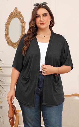 Womens Short Sleeve Kimono Cardigans Lightweight Summer Cardigan Casual Loose Beach Cover Up Curved Hem with Pockets2