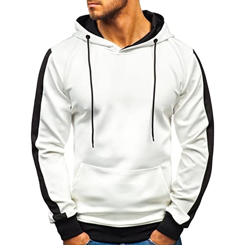 Maiyifu-GJ Men's Stripe Slim Athletic Hoodies Color Block Pullover Hoodie Contrast Color Hooded Sweatshirt with Kanga Pockets (White,XX-Large)