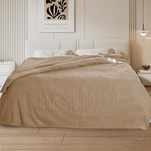 Eydna Manta Eléctrica Calefactable Tamaño Completo 72x84 Pulgadas, Calentamiento Rápido, Suave de Felpa para Cama y Sofá, Apagado Automático 10 Horas y 4 Niveles de Calor, Lavable a Máquina, Marrón Claro