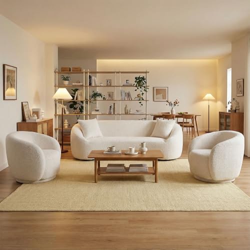 Image of 93.31 inch Curved Sofa Set, 3-Seater Modern Boucle Sofa with 2 Swivel Barrel Chairs, Solid Wood Frame, Deep Seat No Assembly Required, Living Room Sofa Set for Apartment, White