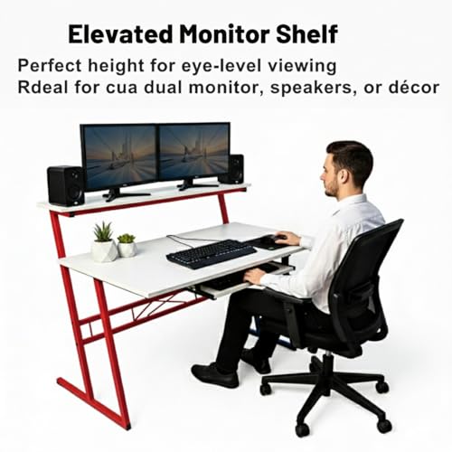 Image of FFO Music Studio Desk with Keyboard Tray Multipurpose Office & Study Table | Workstation Desk for Home, Office, Music Studio, Piano & Instruments Durable Desk with 1 Year Warranty DIY - White /Red