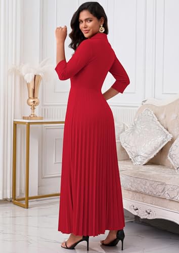 Image of FANDEE Maxi Dress for Women Formal 3 /4 Sleeve Pleated Empire Long Dress Semi Formal Tie Neck Office Work Dresses