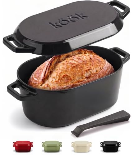 KooK Oval Dutch Oven, for Bread Baking, Sourdough Loaf Pan, with Lid, Dual Handles, Enameled Cast Iron, includes Lid Lever, Dishwasher Safe, 3.4 Qt, Black