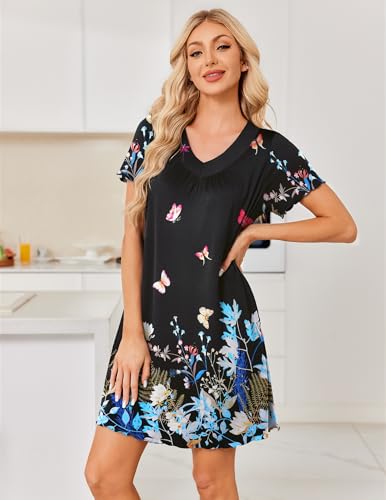 Image of Ekouaer Nightgowns for Women Short Sleeve House Dress with Pockets Pleated Soft Moomoo V Neck Sleepwear