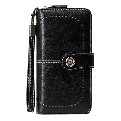 BYWAUQI Wallets for Women Leather Large Capacity Credit Card Holder for Women with Wristlet Zipper Pocket ID Window(black)