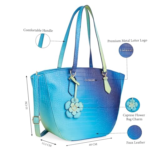 Image of Caprese Marilyn Large Satchel Bag for Women | Croc Pattern Handbag with Flower Charm & 1 Specius Main Compartment | Adjustable & Detachable Strap Shoulder Bag for Women (Blue Ombre)