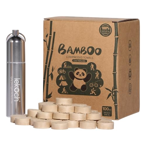 Image of LEKOCH Bamboo Compressed Towel Tablets - Biodegradable & Eco-Friendly, Mini Washcloths with Aluminum Tube for Travel, Camping, Gym | Portable, Moisture-Proof, Crush Resistant - 100/250/500 Pack