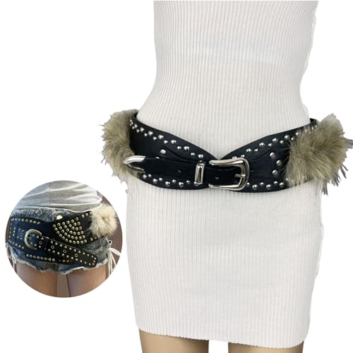 Studded Waistband for Women Elegant Furred Plush Luxurious Belt Maillard Color Retro Girdle Belt Stylish Punk2