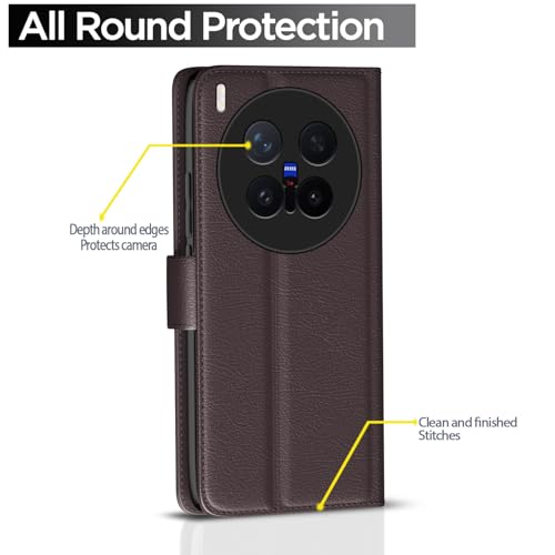 Image of Amazon Basics Flip Cover for Vivo X300 Pro 5G Leather Finish | Wallet Stand and Shock Proof | Inside TPU with Card Pockets | Complete Protection Flip Case (Coffee)