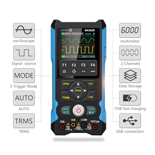 Image of ET202D 3 in 1 Handheld Oscilloscope Multimeter DDS Generator, 2 Channels, 80MHz Bandwidth, 200MSa /s Sampling Rate, 6000 Counts, Voltage, Current, Capacitor, Resistor, Diode Test