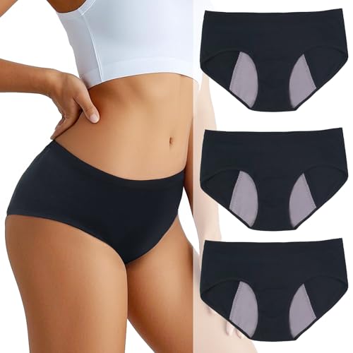 Image of Incontinence Underwear for Women, Heavy Flow Cotton Period Panties, Mid-Rise Postpartum Leakproof Underwear Washable 3 Pack, Small