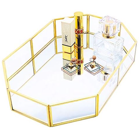 VoiceFly Bandeja de Maquillaje de Cristal con Espejo Dorado Cover