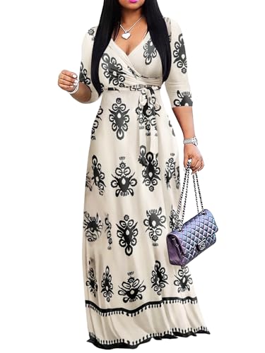 Image of Yajedo Womens Casual Summer Maxi Dress Plus Size Sexy Wrap V Neck 3 /4 Sleeve Sundress with Pockets