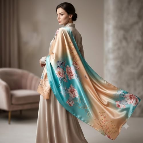 Image of Women's Floral Printed Silk Scarf | Premium Soft Lightweight Stole & Shawl | Fashion Neck Wrap for Wedding, Evening, Travel & Daily Wear | 180 x 90 cm
