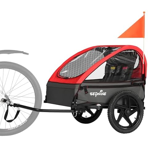 Sepnine Kids Bike Trailer, Suitable for 1 to 2 Kids, 12+ Months, Quick Attach to Bike, Foldable, with 5-Point Harness and Storage Bags Red Cover