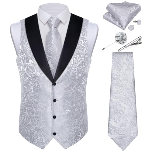 Image of DiBanGu Mens Paisley Suit Vest Silk Jacquard Waistcoat and Necktie Set Formal Shawl Collar Dress Vest 7PCS for Wedding Party