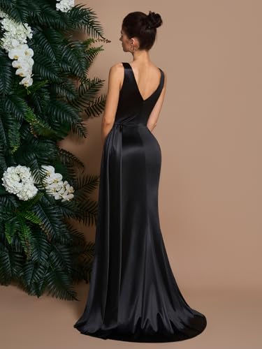 Women's Cocktail Dresses Elegant Black Satin V-Neck Pleated Slit Mermaid Evening Dresses for Wedding Guest3