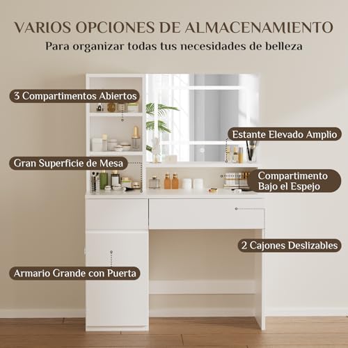 Devoko Tocador de Maquillaje con Grande Espejo y Luces LED, Brillo Ajustable, Mesa de Maquillaje con 3 Estante Abierto, 2 Cajones y Armario Lateral, Vanity de Maquillaje Moderno para Dormitorio Blanco - imagen 5