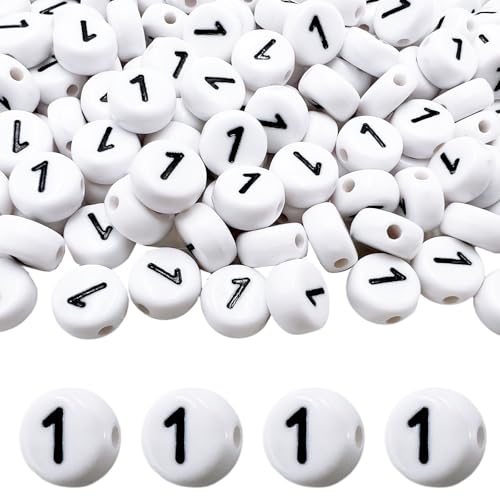 MIIIM 200 Pcs Serif Number 1 Beads for Bracelets, 4x7mm Round Number Beads 1 for Phone Digits, Keychains, Necklace (Digit 1)