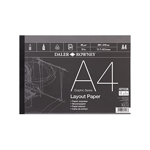 Daler-Rowney Graphic Series 45gsm A4 Layout Paper Pad Glued 1 Side, 80 White Sheets, Ideal for Professional Artists & Students Cover