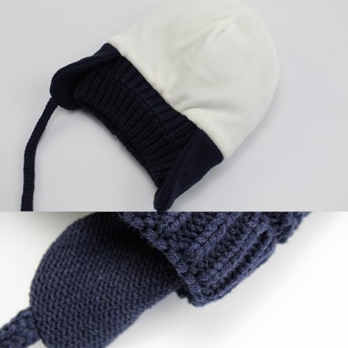 Exemaba Baby Girls Beanie Earflaps Hat - Infant Toddler Kids Soft Warm Knit Winter Hat with Fleece Lining (Dark Blue,L)
