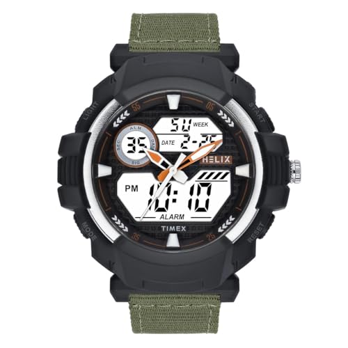 Image of Helix by Timex Ana Digital Watch for Man with Black Round Dial & Green Nylon Strap Band Water Resistant Men's Wrist Watches - TWESK6501T