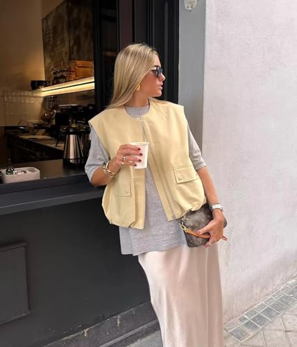 Womens Casual Zip Up Vest Cargo Oversized Ruched Hem Sleeveless Blazer Jackets Tops2