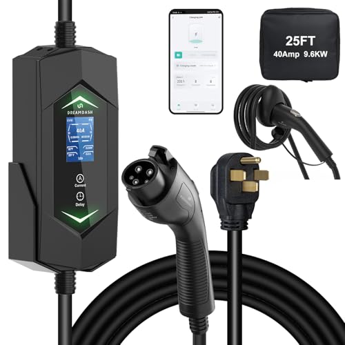 Level 2 EV Charger,9.6KW/40A Fast Charging,(WiFi APP/Plug-Play),240V NEMA 14-50 Plug,25ft ETL Listed Cable/J1772 Connector,Adjustable Current 6A-40A,Delay Timer,Portable Ev Charging Station