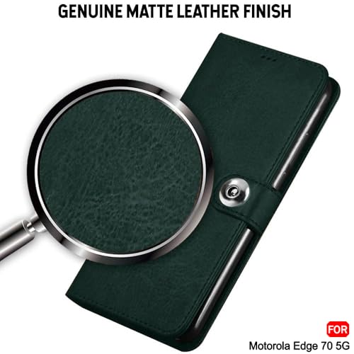Image of TheGiftKart Flip Cover Back Case for Motorola Moto Edge 70 5G | Genuine Leather Finish | Designer Button | Inbuilt Pockets & Stand | Wallet Style Flip Case Cover for Moto Edge 70 (Faux Leather, Green)