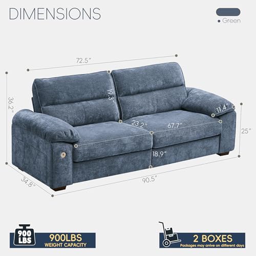 Image of Ihanherry 90 inch Modern Sofa for Living Room, Deep Seat Chenille Couch with Fast Charging Port & Removable Washable Cushions, Pillow-Armrest Loveseat for Small Space /Apartment, Sturdy Frame, Blue