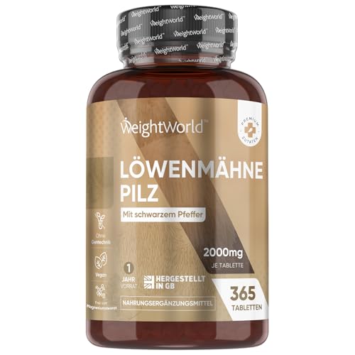 Löwenmähne Pilz 365 Tabletten - 2000mg je Tablette - Lions Mane Mushroom (Hericium Erinaceus) - 25:1 Extrakt mit Schwarzer Pfeffer 30mg - 1 Jahr Vorrat - WeightWorld