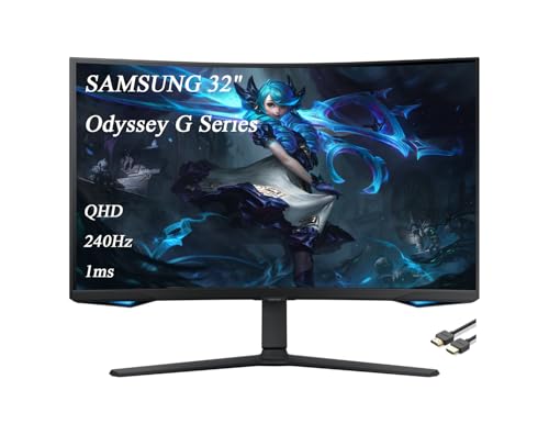 Samsung 32" Odyssey G Series QHD Gaming Monitor, 240Hz, 1ms, Gaming Hub, 1000R Curved, Swivel & Tilt Adjustable Stand, Black, with GSF HDMI Cable