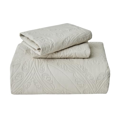 Image of Kingnex Oversized King Bedspreads 128x120 for Extra Wide Tall King or Cal King Bed Ultrasonic Quilted Coverlet Set 3 Piece Include 1 Quilt 2 Pillowcases Beige