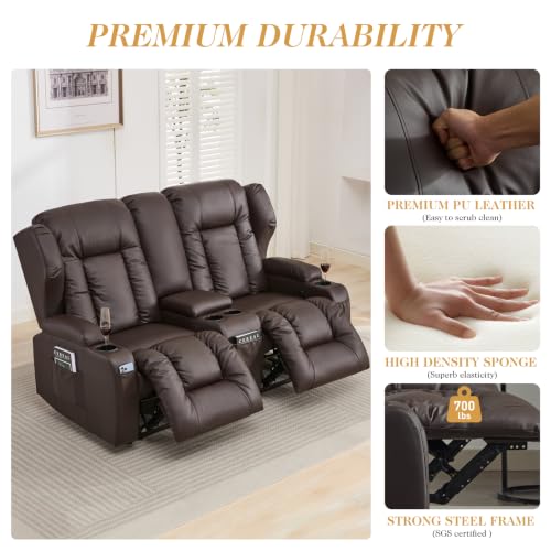 Image of Loveseat Recliner Sofa with Console,RV Wall Hugger Recliners for Small Spaces,Reclining Loveseat Sofa Recliner with LED Lights /Cup Holders /Lumbar Pillows,RV Furniture,PU Brown,66 inch 2-Seater with Light
