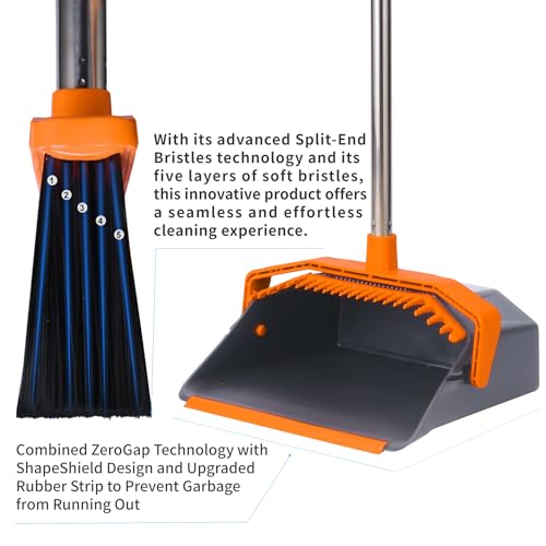 Image of Tiumso Broom and Dustpan Set with 51'' Long Handle, Upright Broom and Dustpan Combo for Home Kitchen Office Restaurant Garage Lobby Dog Cat Pets Hair - Grey and Orange