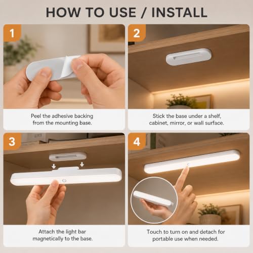 Image of Magnetic Rechargeable LED Light Bar - 30 cm White Plastic Under‑Cabinet & Closet Lamp with Touch‑Control, Dimmable, Multiple Light Modes, Portable Battery‑Powered, Ideal for Kitchen, Wardrobe, Makeup
