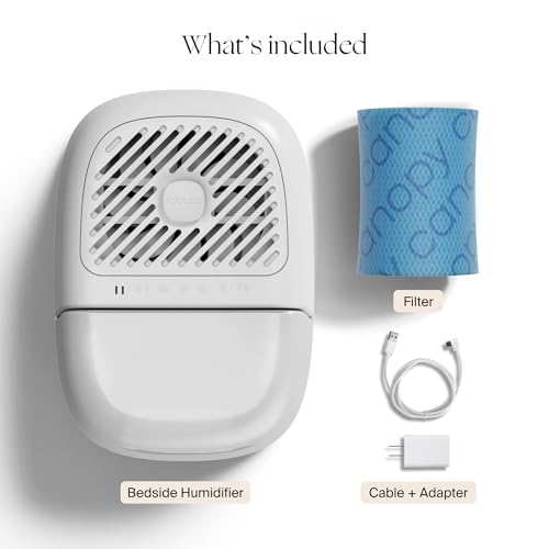 Canopy Bedside Humidifier 2.0, White, 36 HR Run Time, 2.5L Capacity - Reading Light & White Noise - Alleviate Symptoms of Allergies, Flu, Cold, Dry Skin - Humidifier, Filter, Power Cord & Adapter