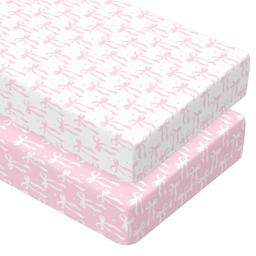 Image of Peryiter 2 Pack Pink Bow Crib Sheets for Girls Boys Coquette Bed Sheet Set Fitted 52'' x 28 inch for Standard Crib Mattress Stretchable Soft Toddler Aesthetic Nursery Decor