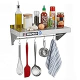 Wilprep NSF Stainless Steel Shelf, 12"x 24" Wall-Mounted Commercial Shelf for Kitchen Wall, 220lb Metal Storage Shelf with Support Brackets & 10 Hooks for Restaurant Kitchen Laundry Room Garage