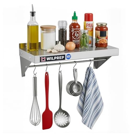 Wilprep NSF Stainless Steel Shelf, 12"x 24" Wall-Mounted Commercial Shelf for Kitchen Wall, 220lb Metal Storage Shelf with Support Brackets & 10 Hooks for Restaurant Kitchen Laundry Room Garage