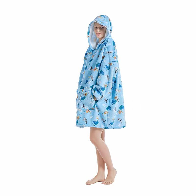 Everglamour Adult Oversized SNUGGIES Hood Wearable Blanket Sherpa Short Sweatshirt Blue