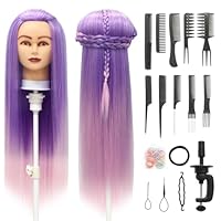 Styling Head 28 inch Hairdresser Training Head 100% Synthetic Fiber Hair Styling Head, Training Head Hairdressing Head with Free Clamp and DIY Braiding Set (Purple pink)