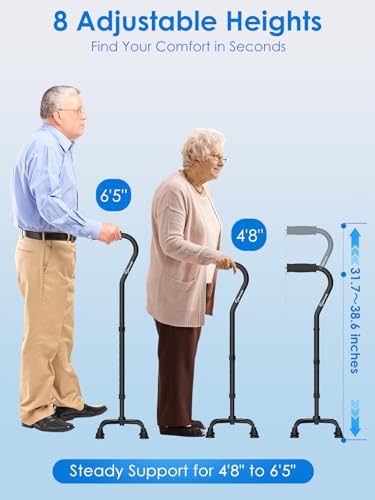 Image of WHLICKS Quad Cane for Stability, Adjustable Walking Cane for Women & Men with A Large 4 Pronged Base for Balance, Self Standing Cane, 350lbs Heavy Duty Cane with 4 Legs, Walking Sticks for Seniors