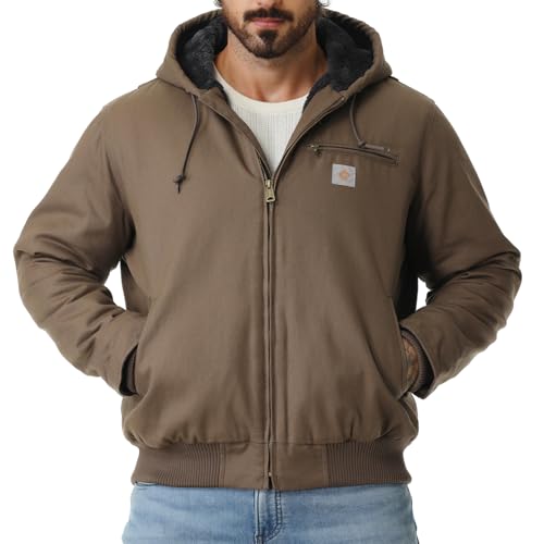 TUAOVA Men's Work Coat - Waterproof Washed Duck Fleece Lined Winter Hooded Active Jacket, Brown, Medium