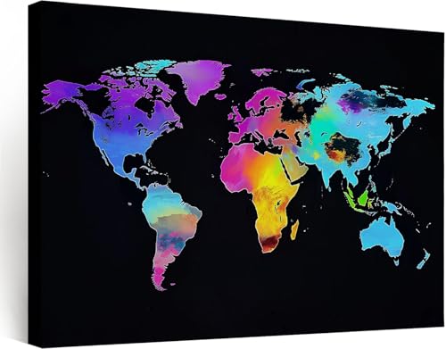 Genérico Cuadros Decoracion Salon Modernos Con Marco, 40 x 30 cm Grandes Laminas Negro Canvas Decorativas Pared, Lienzos Pared Minimalista Tech Mapa del Mundo, Wall Art Comedor Pasillo