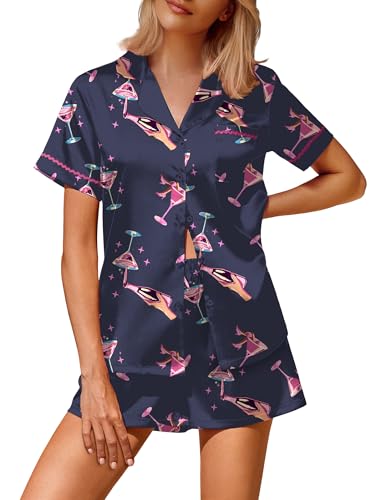 Image of Ekouaer Silk Satin Pajamas 2 Piece Pajamas for Women Set Button Down PJ Short Sleeve and Shorts Pjs Lounge Sets