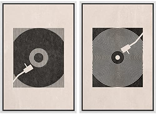 SIGNLEADER Framed Canvas Print Wall Art Set Mid-Century Geometric Music Record Player Shapes Abstract Illustrations Modern Art Chic Boho Colorful for Living Room, Bedroom, Office - 16"" x24 x2 WHITE