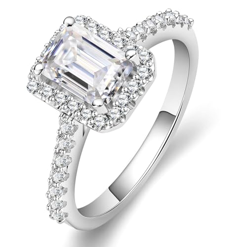 Moissanite Engagement Ring Size 5to9,S925 Sterling Silver Lab Created Diamond Promise Ring for Women,1Carat Halo Emerald Cut Wedding Rings Christmas Gift for Wife