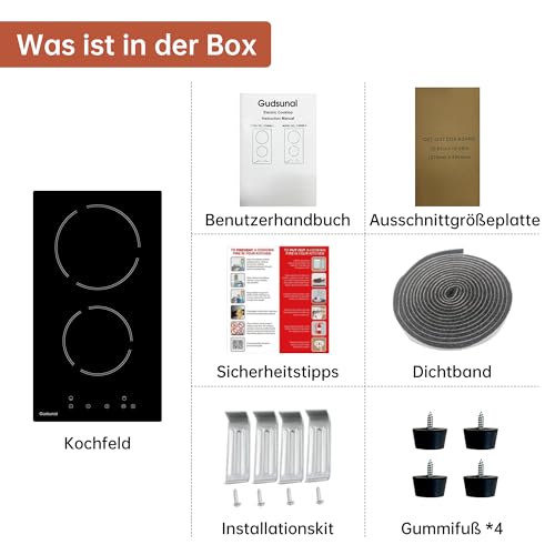 Gudsunal Kochfeld 2 Platten Glaskeramikkochfeld mit Stecker, 3000W, 9 Heizstufen, 1-99 Minuten Timer, Touch-Steuerung, Automatische Abschaltung, Kindersicherung,Schwarz